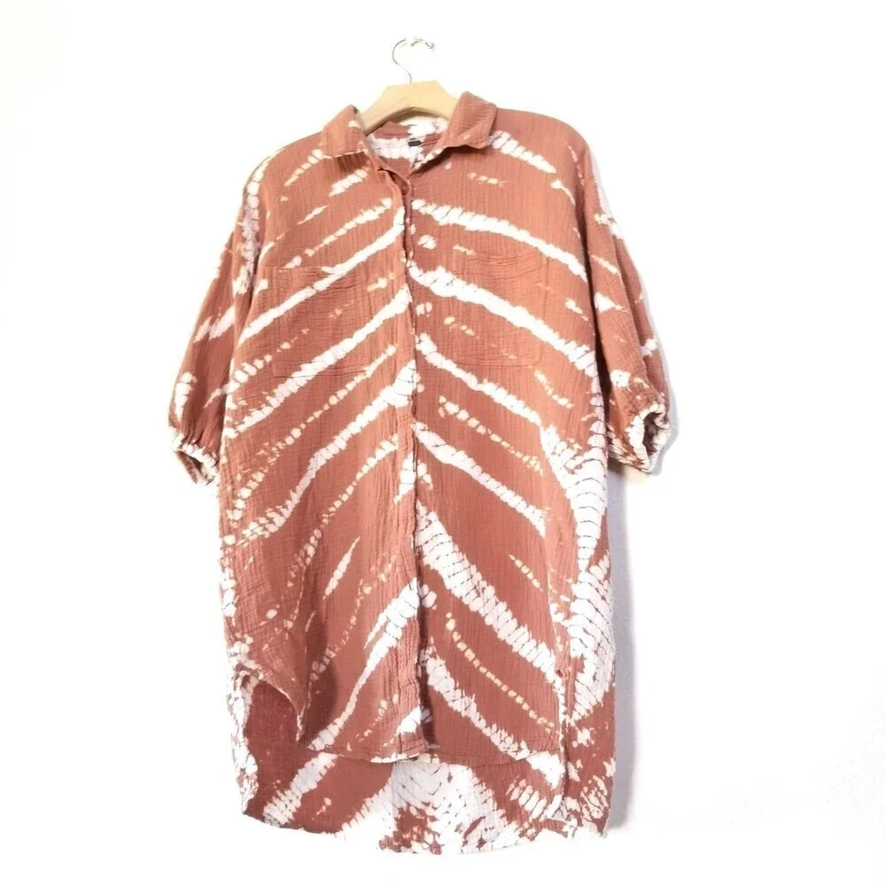 NEW Young Fabulous & Broke Crinkled Brown Tie Dye Tunic Button Down Shirt XS - Picture 1 of 8